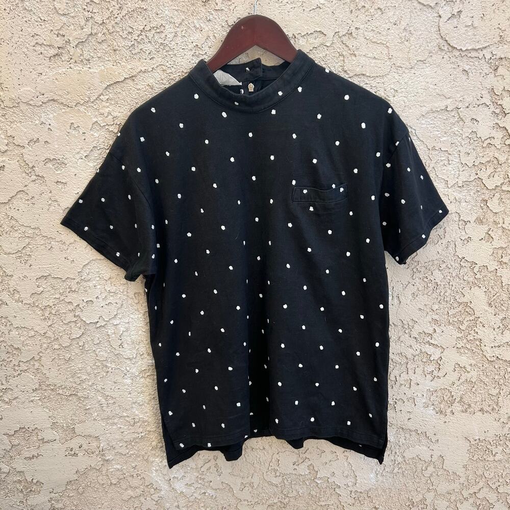 Vintage Polka Dot Mock Neck T-shirt Black White Size M